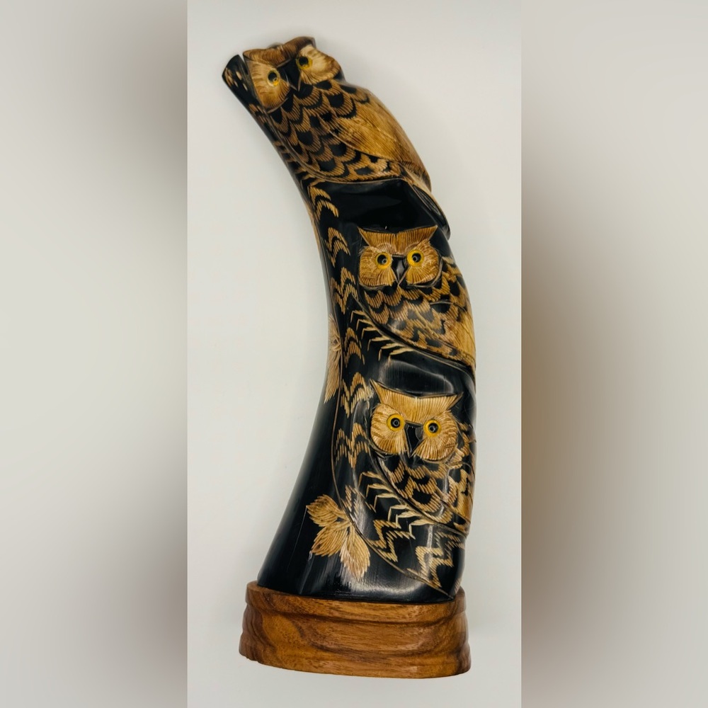 Hand-Carved Buffalo Horn Owl Totem Sculpture | 3 Owls |